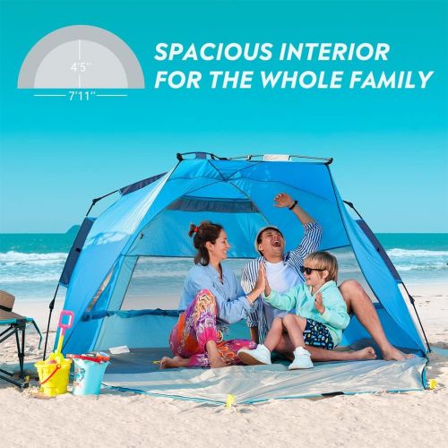  OutdoorMaster Pop Up Beach Tent for 4 Person - Easy Setup and Portable Beach Shade Sun Shelter Canopy with UPF 50+ UV Protection Removable Skylight Family Size - Blue