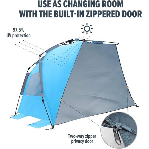  OutdoorMaster Pop Up Beach Tent for 4 Person - Easy Setup and Portable Beach Shade Sun Shelter Canopy with UPF 50+ UV Protection Removable Skylight Family Size - Blue