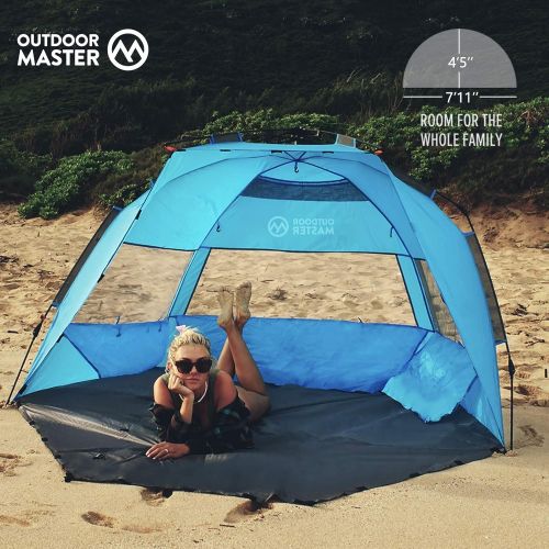  OutdoorMaster Pop Up Beach Tent for 4 Person - Easy Setup and Portable Beach Shade Sun Shelter Canopy with UPF 50+ UV Protection Removable Skylight Family Size - Blue