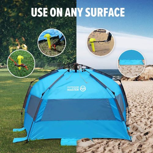  OutdoorMaster Pop Up Beach Tent for 4 Person - Easy Setup and Portable Beach Shade Sun Shelter Canopy with UPF 50+ UV Protection Removable Skylight Family Size - Blue