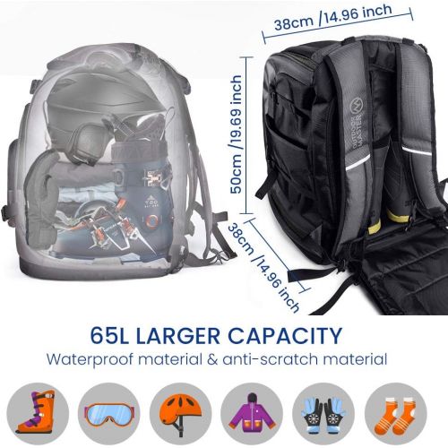  OutdoorMaster Boot Bag, 65L Waterproof Ski Snowboard Boots Air Cushion Shoulder Pad Skiing Gear Bag Travel Backpack for Ski Helmets, Goggles&Accessories Men&Women