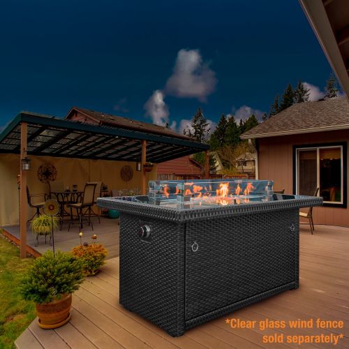  Outland Living Series 401 Grey 44-Inch Outdoor Propane Gas Fire Pit Table, Black Tempered Tabletop w/Arctic Ice Glass Rocks and Resin Wicker Panels, Slate Grey/Rectangle