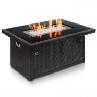 Outland Living Series 401 Brown 44-Inch Outdoor Propane Gas Fire Pit Table, Black Tempered Tabletop wArctic Ice Glass Rocks and Resin Wicker Panels, Espresso BrownRectangle