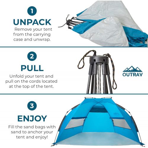  Outrav Pop Up Beach Tent - Quick and Easy Set Up, Family Size, Portable Sun and Water Shelter and Shade Canopy - for Fishing, Camping, Hiking and Outdoor Activities