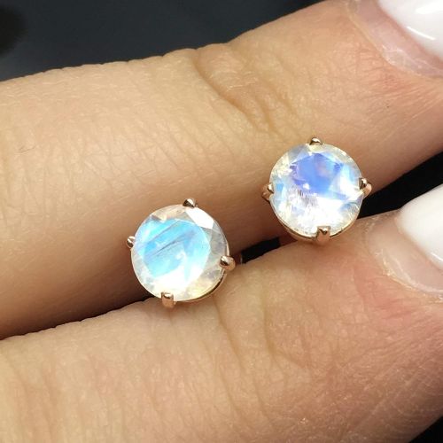  Outshine Designs 14K Rose Gold Genuine Rainbow Moonstone Stud Earrings - 14K Solid Gold Moonstone Studs - 6mm Moonstone Crystal Earrings - Diamond Alternative Studs - Rose Gold Studs