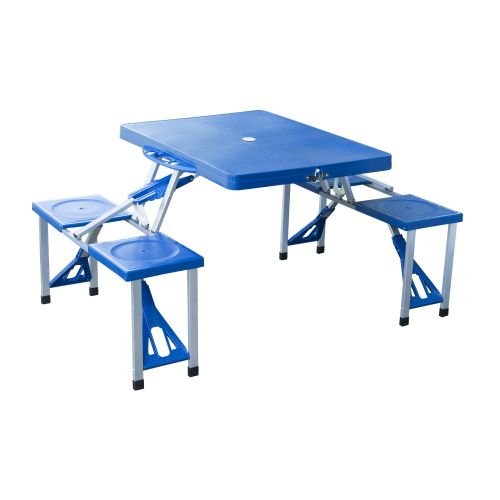  Outsunny Blue Aluminum PortableFolding OutdoorCamp Suitcase Picnic Table with 4 Seats