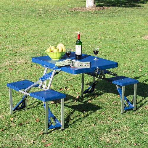  Outsunny Blue Aluminum PortableFolding OutdoorCamp Suitcase Picnic Table with 4 Seats