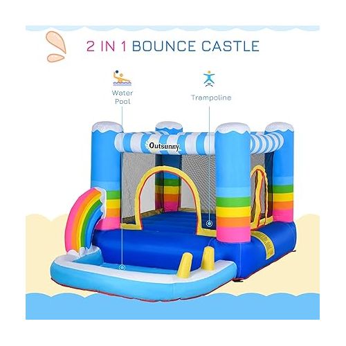  Outsunny Inflatable Bounce House for Kids 2-in-1 Jumping Castle for Indoor Outdoor Party with Trampoline, Pool, Carry Bag & Air Blower