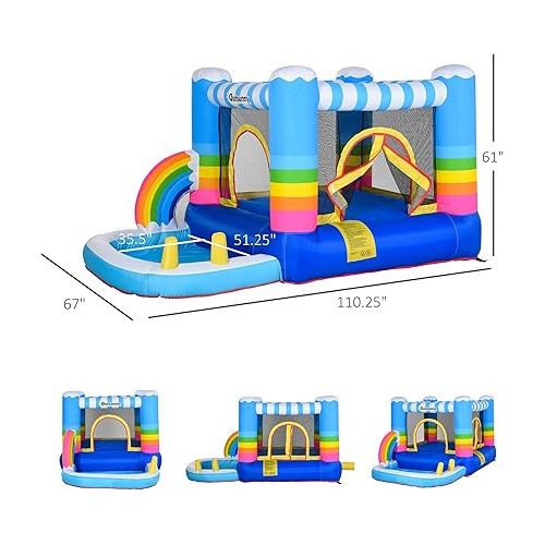  Outsunny Inflatable Bounce House for Kids 2-in-1 Jumping Castle for Indoor Outdoor Party with Trampoline, Pool, Carry Bag & Air Blower