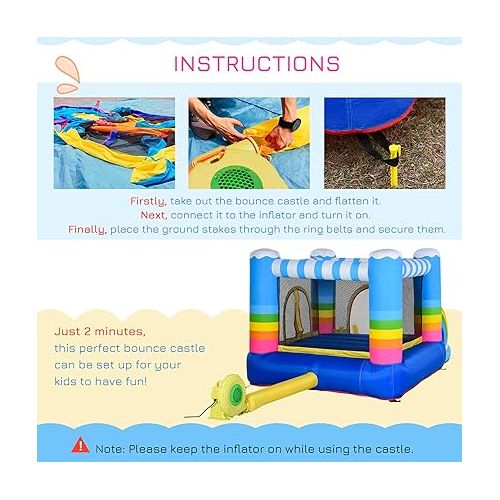  Outsunny Inflatable Bounce House for Kids 2-in-1 Jumping Castle for Indoor Outdoor Party with Trampoline, Pool, Carry Bag & Air Blower