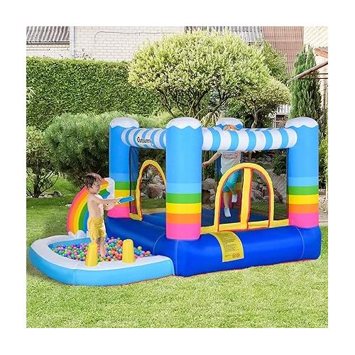  Outsunny Inflatable Bounce House for Kids 2-in-1 Jumping Castle for Indoor Outdoor Party with Trampoline, Pool, Carry Bag & Air Blower