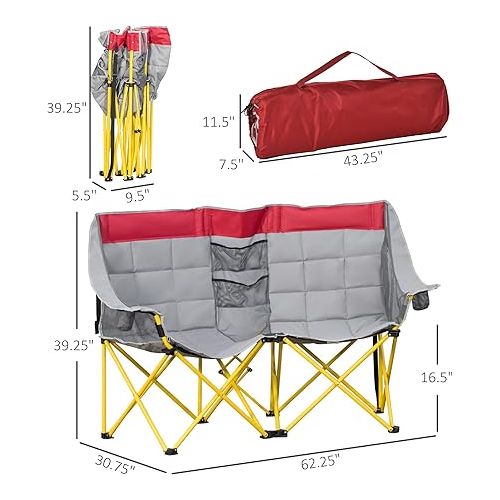  Outsunny Loveseat Style Camping Chair, Oversized Folding Lawn Chair with Carry Bag & Cup Holders, for Outdoor, Beach, Picnic, Hiking, Travel, Red & Gray