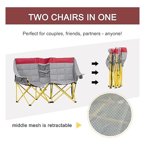  Outsunny Loveseat Style Camping Chair, Oversized Folding Lawn Chair with Carry Bag & Cup Holders, for Outdoor, Beach, Picnic, Hiking, Travel, Red & Gray