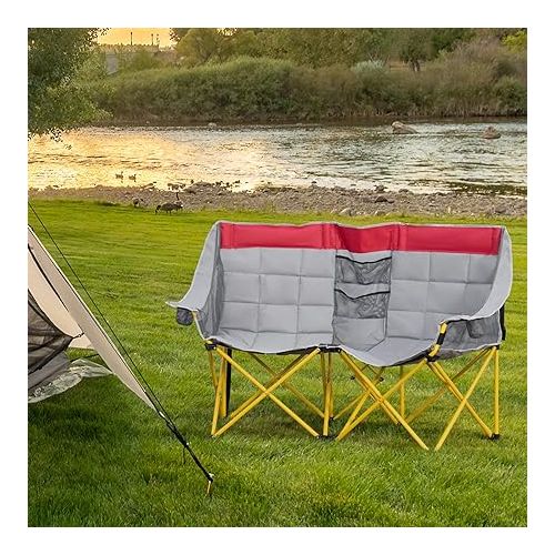  Outsunny Loveseat Style Camping Chair, Oversized Folding Lawn Chair with Carry Bag & Cup Holders, for Outdoor, Beach, Picnic, Hiking, Travel, Red & Gray