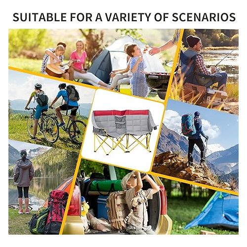  Outsunny Loveseat Style Camping Chair, Oversized Folding Lawn Chair with Carry Bag & Cup Holders, for Outdoor, Beach, Picnic, Hiking, Travel, Red & Gray