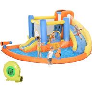 Outsunny Inflatable Water Slide, Kids Bounce House Water Park with Splash Pool, Climbing Wall, Air Pump, Water Cannon, Slide, Trampoline, 5-in-1 Bouncy Castle for Outdoor Backyard Fun