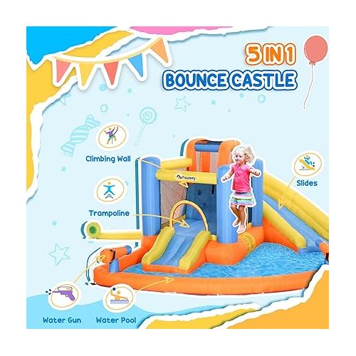  Outsunny Inflatable Water Slide, Kids Bounce House Water Park with Splash Pool, Climbing Wall, Air Pump, Water Cannon, Slide, Trampoline, 5-in-1 Bouncy Castle for Outdoor Backyard Fun