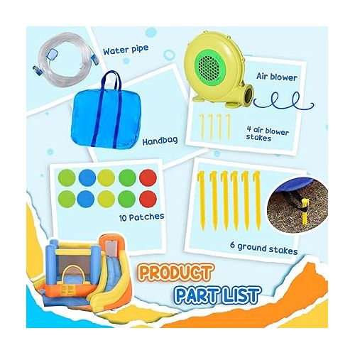  Outsunny Inflatable Water Slide, Kids Bounce House Water Park with Splash Pool, Climbing Wall, Air Pump, Water Cannon, Slide, Trampoline, 5-in-1 Bouncy Castle for Outdoor Backyard Fun