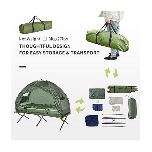  Outsunny Multifunctional Folding Camping Cots for Adults, Elevated Tent with Sleeping Bag, Thick Air Mattress Pad, Portable Single Sleeping Cot Camping Bed