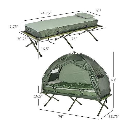  Outsunny Multifunctional Folding Camping Cots for Adults, Elevated Tent with Sleeping Bag, Thick Air Mattress Pad, Portable Single Sleeping Cot Camping Bed