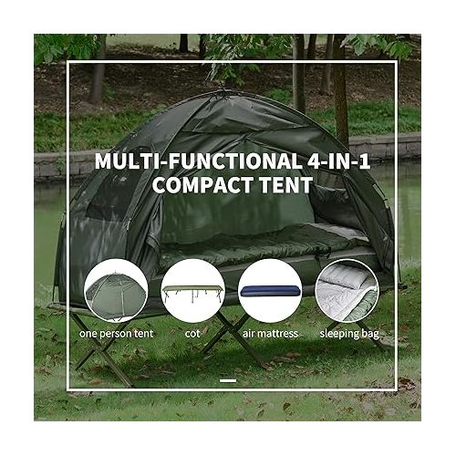  Outsunny Multifunctional Folding Camping Cots for Adults, Elevated Tent with Sleeping Bag, Thick Air Mattress Pad, Portable Single Sleeping Cot Camping Bed