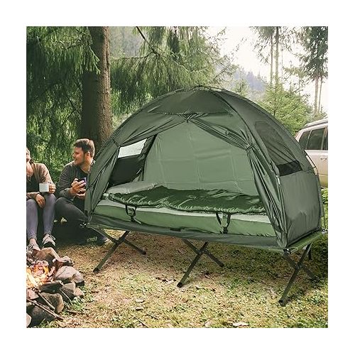  Outsunny Multifunctional Folding Camping Cots for Adults, Elevated Tent with Sleeping Bag, Thick Air Mattress Pad, Portable Single Sleeping Cot Camping Bed