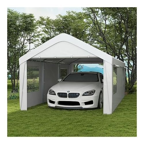  Outsunny Carport 10' x 20' Portable Garage, Heavy Duty Car Port Canopy with 2 Roll-up Doors & 4 Ventilated Windows for Car, Truck, Boat, Garden Tools, White