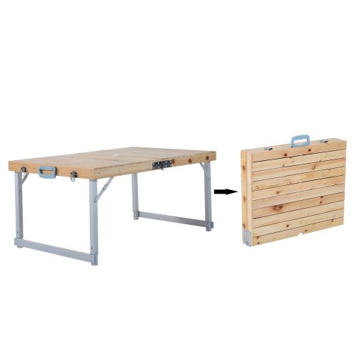  Outsunny Height Adjustable Folding Outdoor Picnic Table w/ 4 Seats - Natural Wood and Silver