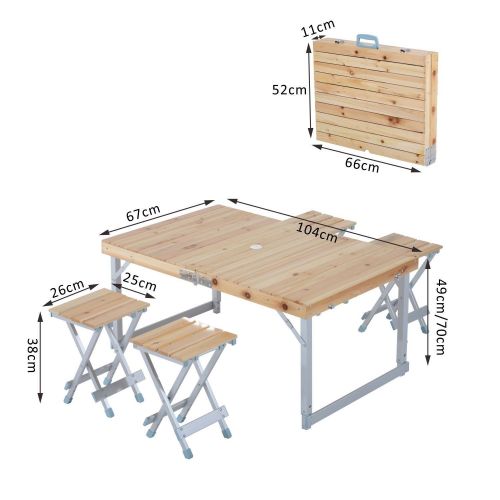  Outsunny Height Adjustable Folding Outdoor Picnic Table w/ 4 Seats - Natural Wood and Silver