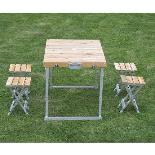  Outsunny Height Adjustable Folding Outdoor Picnic Table w/ 4 Seats - Natural Wood and Silver
