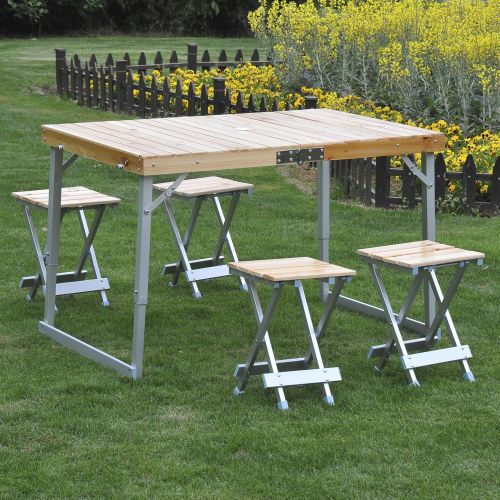  Outsunny Height Adjustable Folding Outdoor Picnic Table w/ 4 Seats - Natural Wood and Silver