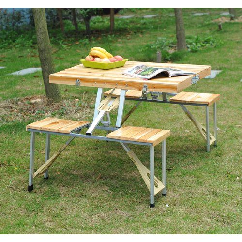  Outsunny Outdoor Aluminum Portable Folding Camp Suitcase Picnic Table with 4 Seats, Silver