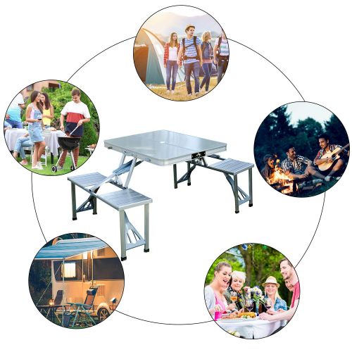  Outsunny Outdoor Aluminum Portable Folding Camp Suitcase Picnic Table with 4 Seats, Silver