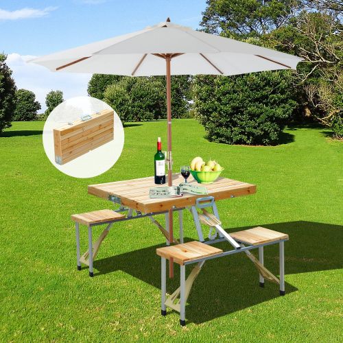  Outsunny Outdoor Aluminum Portable Folding Camp Suitcase Picnic Table with 4 Seats, Silver