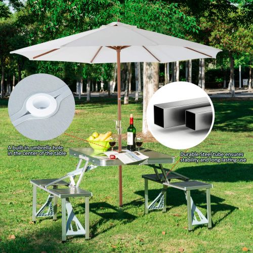  Outsunny Outdoor Aluminum Portable Folding Camp Suitcase Picnic Table with 4 Seats, Silver