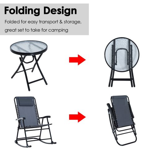  Outsunny 3 Piece Folding Rocking Chair Patio Dining Table Set- Grey