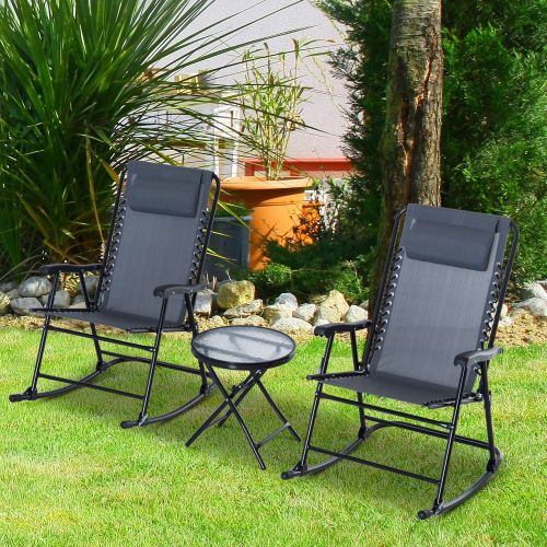  Outsunny 3 Piece Folding Rocking Chair Patio Dining Table Set- Grey