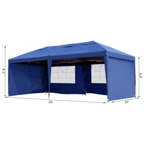  Outsunny 10 x 20 Easy Pop Up Canopy Party Tent with 4 Removable Sidewalls - Navy