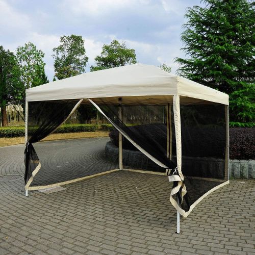  Outsunny 10 x 10 Easy Pop Up Canopy Shade Tent with Mesh Sidewalls - Beige