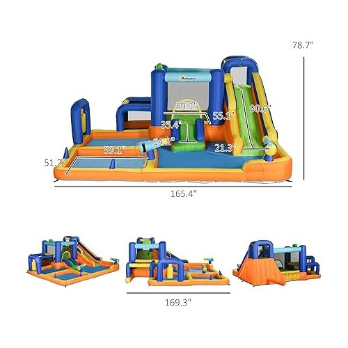  Outsunny Kids Inflatable Water Slide 7-in-1 Bounce House Water Park Jumping Castle with Water Pool, Slide, Soccer Goal, Basketball Hoop, Boxing Post Climbing Walls, & 2 Water Cannons, 450W Air Blower