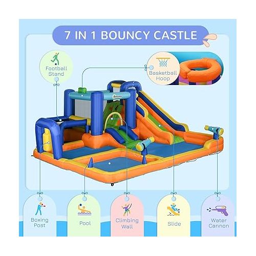  Outsunny Kids Inflatable Water Slide 7-in-1 Bounce House Water Park Jumping Castle with Water Pool, Slide, Soccer Goal, Basketball Hoop, Boxing Post Climbing Walls, & 2 Water Cannons, 450W Air Blower