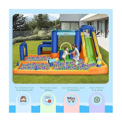  Outsunny Kids Inflatable Water Slide 7-in-1 Bounce House Water Park Jumping Castle with Water Pool, Slide, Soccer Goal, Basketball Hoop, Boxing Post Climbing Walls, & 2 Water Cannons, 450W Air Blower