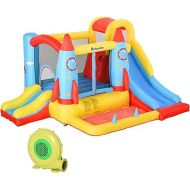 Outsunny Kids Inflatable Water Slide, 4-in-1 Bounce House Jumping Castle with 2 Slides, Climbing Wall, Trampoline, & Water Pool Area, Air Blower