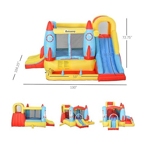  Outsunny Kids Inflatable Water Slide, 4-in-1 Bounce House Jumping Castle with 2 Slides, Climbing Wall, Trampoline, & Water Pool Area, Air Blower