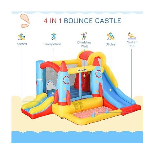  Outsunny Kids Inflatable Water Slide, 4-in-1 Bounce House Jumping Castle with 2 Slides, Climbing Wall, Trampoline, & Water Pool Area, Air Blower