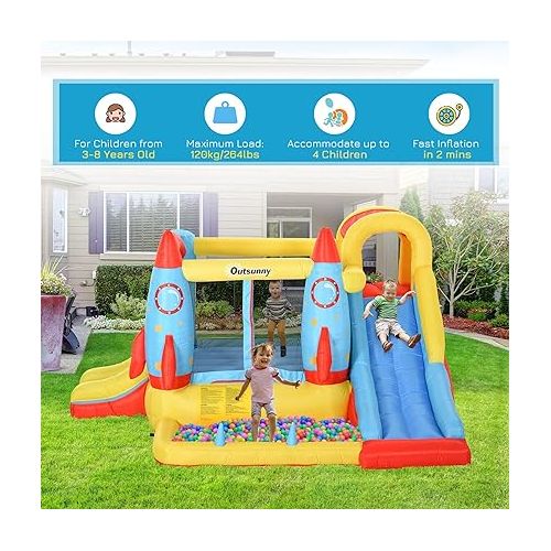  Outsunny Kids Inflatable Water Slide, 4-in-1 Bounce House Jumping Castle with 2 Slides, Climbing Wall, Trampoline, & Water Pool Area, Air Blower