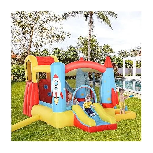  Outsunny Kids Inflatable Water Slide, 4-in-1 Bounce House Jumping Castle with 2 Slides, Climbing Wall, Trampoline, & Water Pool Area, Air Blower