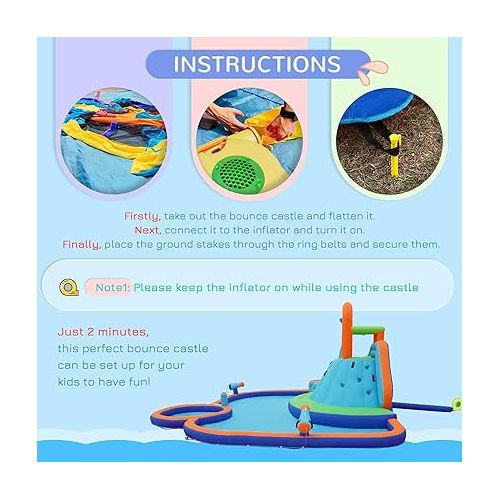  Outsunny Kids Inflatable Water Slide 4-in-1 Bounce House Water Park Jumping Castle with Water Pool, Slide, Climbing Walls, & 2 Water Cannons, 450W Air Blower