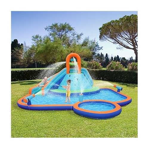  Outsunny Kids Inflatable Water Slide 4-in-1 Bounce House Water Park Jumping Castle with Water Pool, Slide, Climbing Walls, & 2 Water Cannons, 450W Air Blower