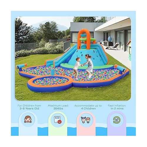  Outsunny Kids Inflatable Water Slide 4-in-1 Bounce House Water Park Jumping Castle with Water Pool, Slide, Climbing Walls, & 2 Water Cannons, 450W Air Blower